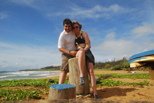 Trudy and David on the beach under blue sky